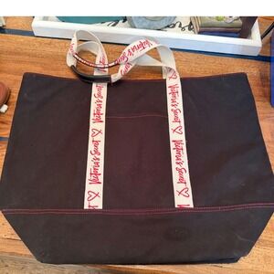 Victoria's Secret Black Canvas Tote Red Logo Script Handles Zip Top Beach Bag